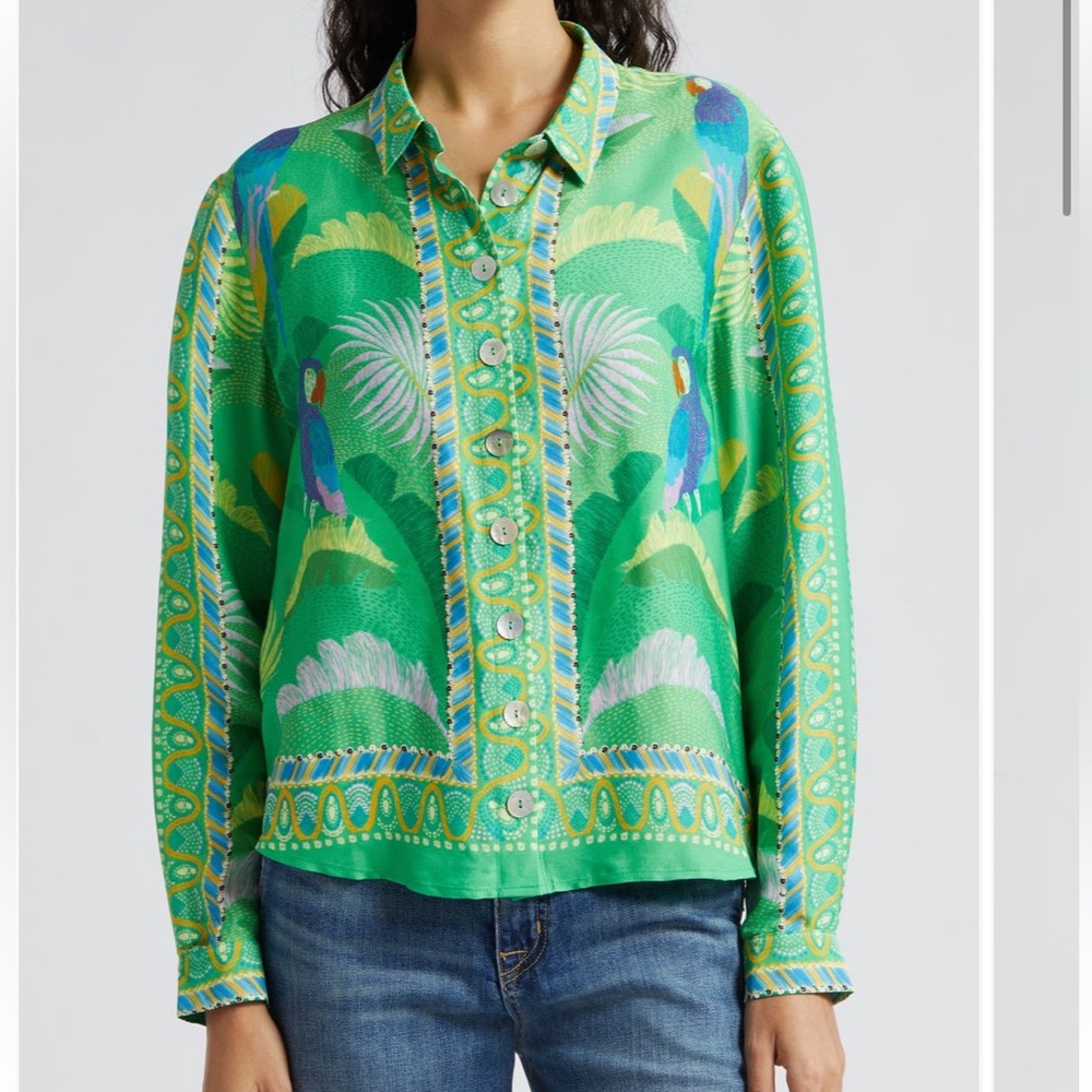 FARM Rio Green Blue Graphic Long Sleeve Button Down (Macaw top)